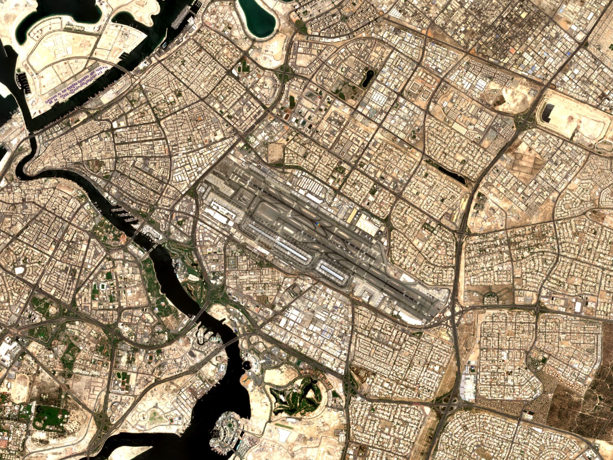 Satellite view of airport runways and terminal aprons